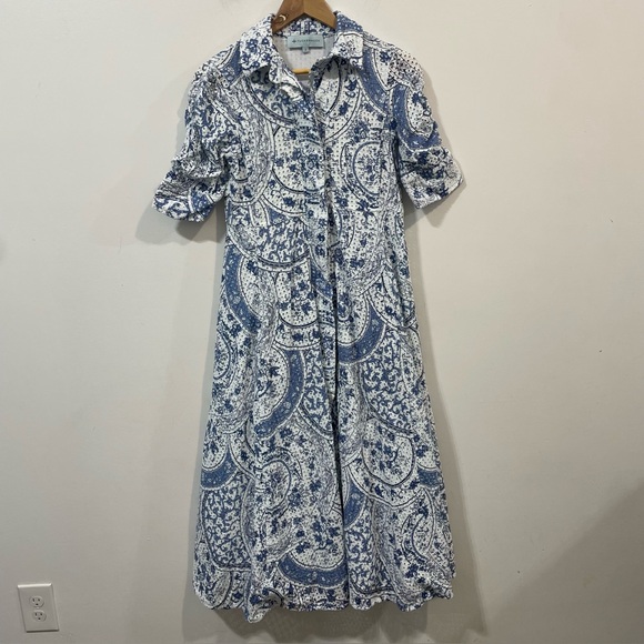 Tuckernuck China Blue Porcelain Eyelet Cotton Button Front Midi Dress Size S - Picture 2 of 15